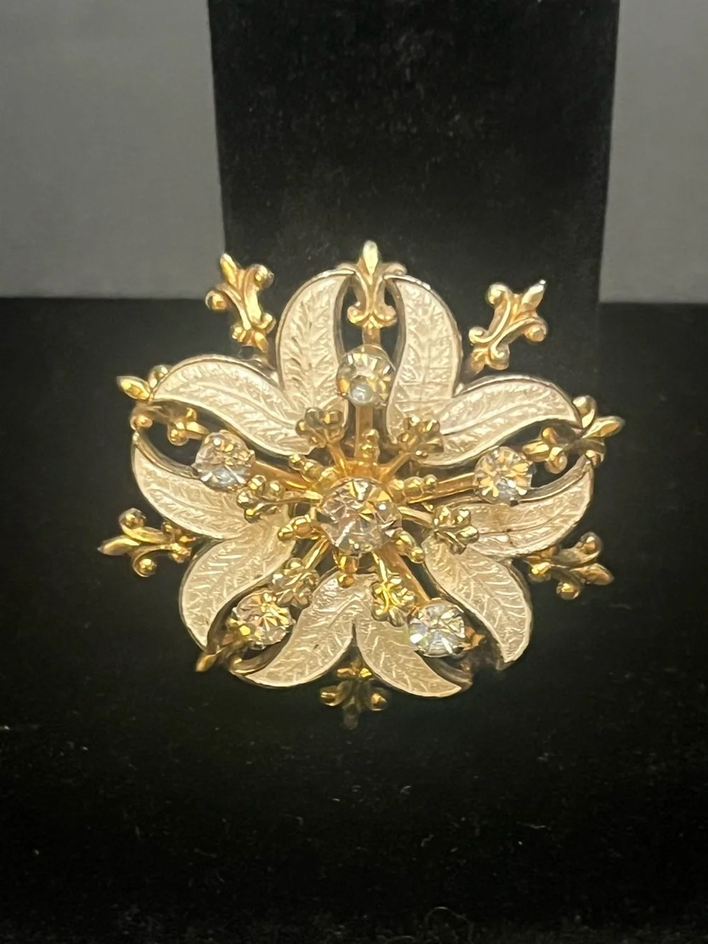 Vintage Rhinestone White Enamel Flower Brooch